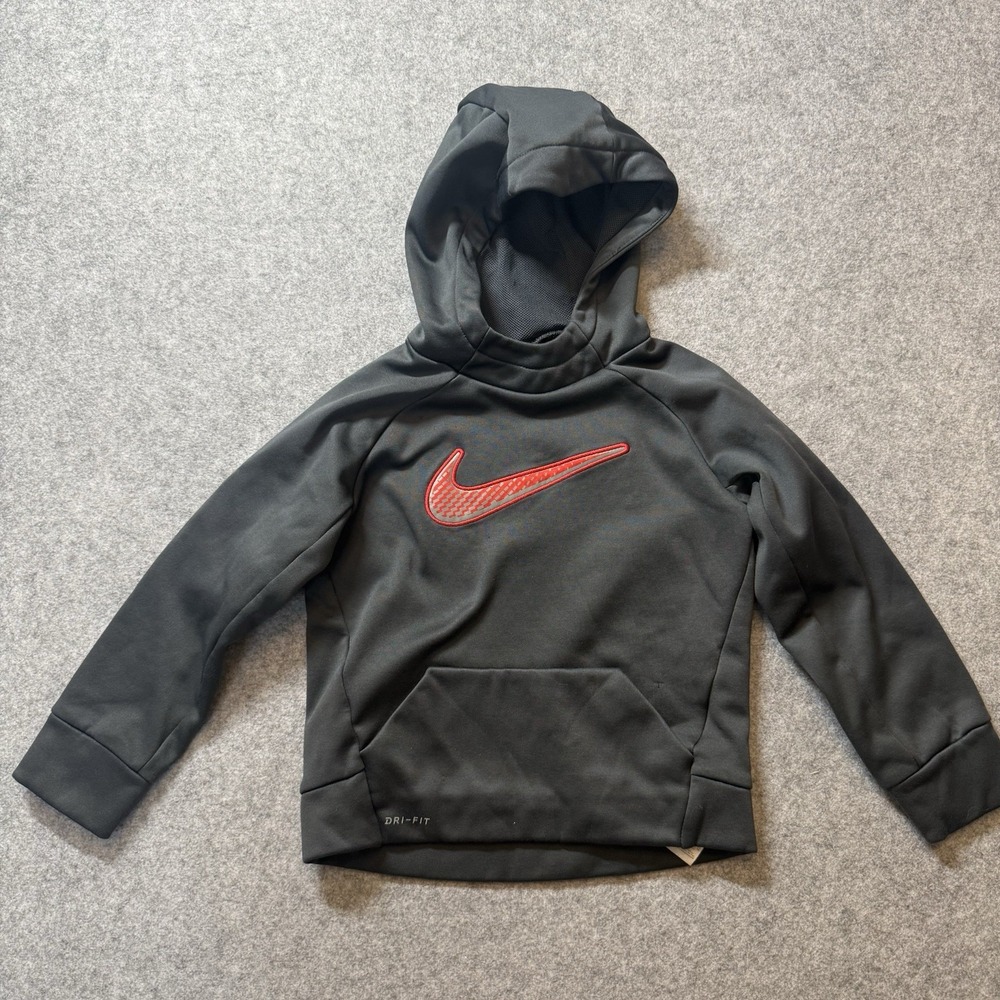 Nike Dri-FIT Boys Hoodie 4T Black Red Big Swoosh Pullover Athletic Sweatshirt